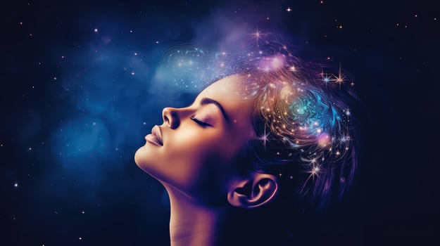 Illustration of woman sleeping and dreaming. Psychic girl considers mind and heart, spirituality, esotericism. Psychic waves concept, Generative AI illustration photo