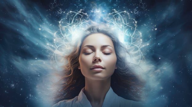 Illustration of woman sleeping and dreaming. Psychic girl considers mind and heart, spirituality, esotericism. Psychic waves concept, Generative AI illustration photo