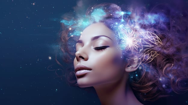 Illustration of woman sleeping and dreaming. Psychic girl considers mind and heart, spirituality, esotericism. Psychic waves concept, Generative AI illustration photo