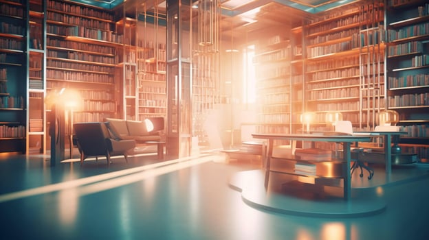 Large library with many books and bookshelves for learning with knowledge. AI generated photo