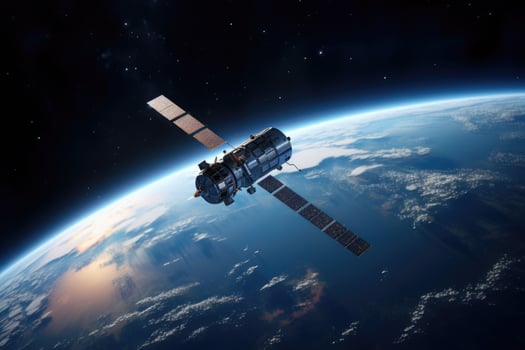 Space satellite with antenna and solar panels in space against the background of the earth. photo