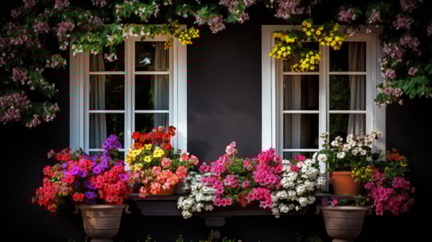Beautiful blooming flowers in window boxes. photo
