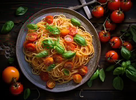 Pasta with meat sauce and some tomatoes photo