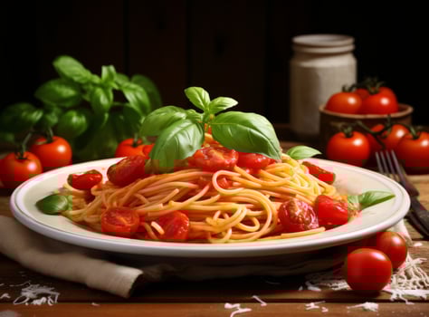 Pasta with meat sauce and some tomatoes photo