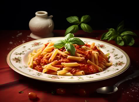 Pasta with meat sauce and some tomatoes photo