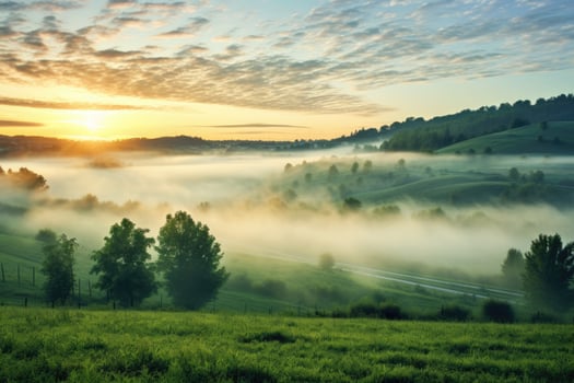 Morning mist rises from lake into trees. Beautiful scenery landscape. photo