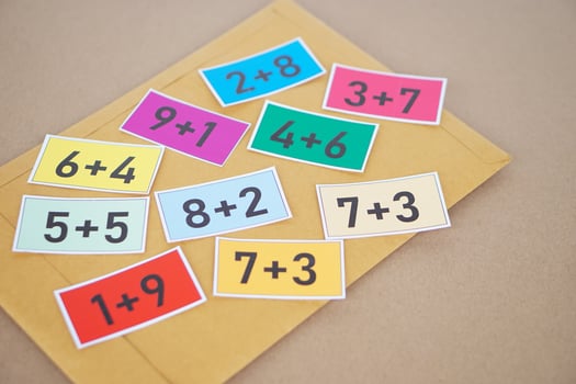 Cards for math subject, numbers plus , addition on colorful cards. Concept, teaching aid, materials for Math subject. Education. Calculation lesson. Cards for game or practice in teaching procedure. photo
