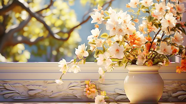 Flower pot on outdoor window summer design, nice floral wall photo