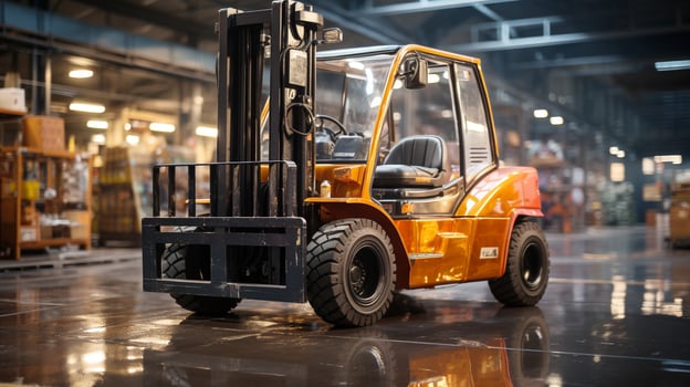 Forklift transporting cargo container in distribution warehouse photo