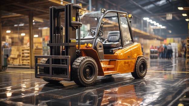 Forklift transporting cargo container in distribution warehouse photo
