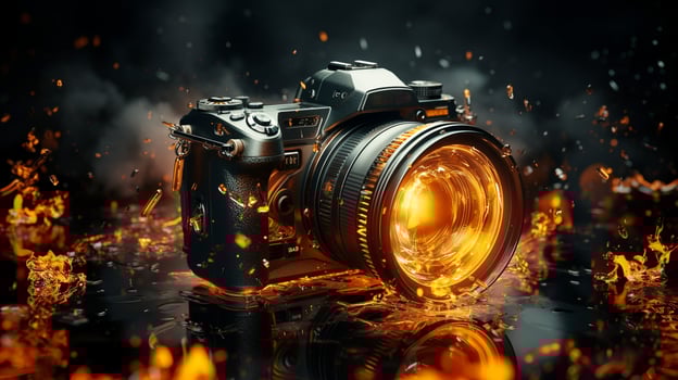 Futuristic photographer illuminates yellow abstract space scene photo