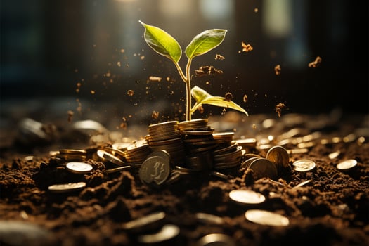 Money blooms in soil, business success nurtured by nature's sunshine AI Generated photo