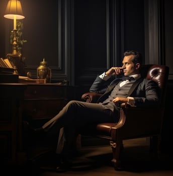 Man sitting at office at the conference stock photo photoshoot, modern aging stock images, ai generated aging images