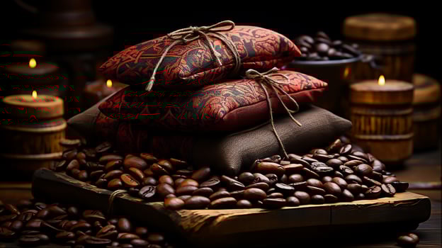 Coffee bag wrapped in coffee beans, Generative Ai photo