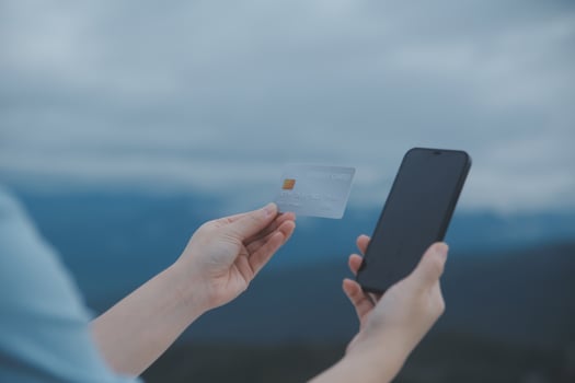 online payment, young woman holding credit card and typing on laptop photo
