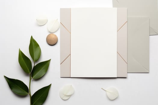Wedding Invitation Cards Papers Laying on Table Decorate With Leaves, AI Generated photo