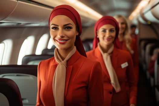 AI generated stewardesses walk gracefully through the cabin photo