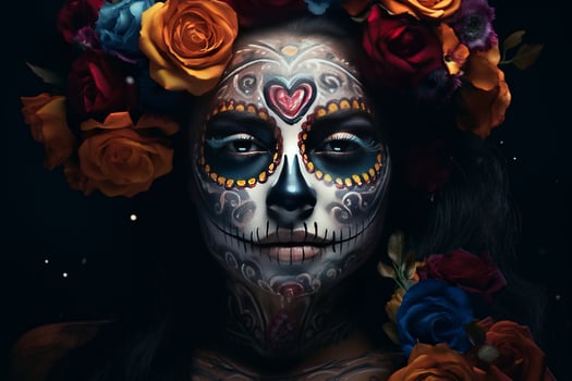 A mexican woman with sugar skull makeup and flowers photo
