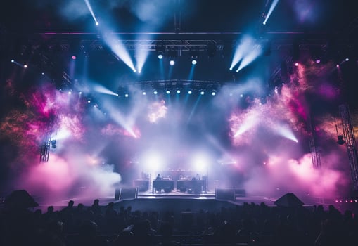 Ai generative Concert Stage Scenery With Spotlights Colored Lights Smoke photo