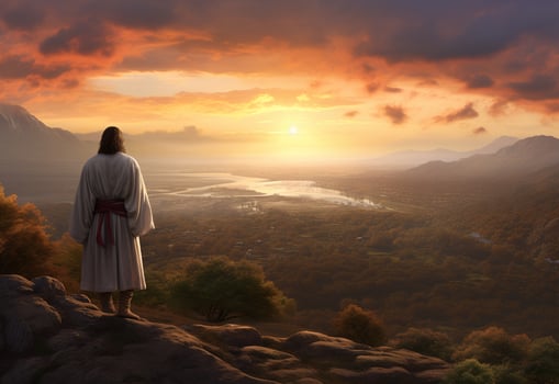 Ai generative Jesus Christ in the Hills at Sunset in Bolta realistic image, ultra hd, high design very detailed 8K photo