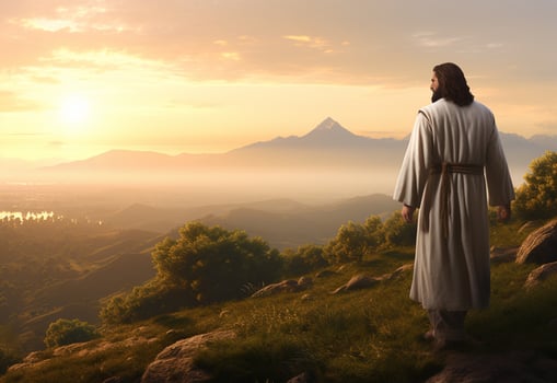 Ai generative Jesus Christ in the Hills at Sunset in Bolta realistic image, ultra hd, high design very detailed 8K photo