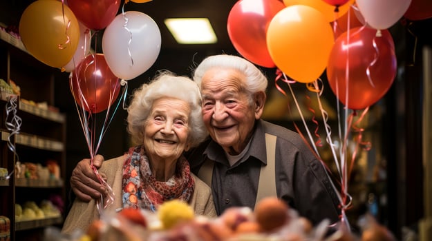 Dreamy middle aged senior loving retired family couple, enjoying peaceful moment relaxing together, with blurred background, Generative AI illustration photo