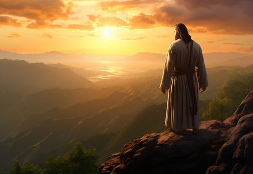 Ai generative Jesus Christ in the Hills at Sunset in Bolta realistic image, ultra hd, high design very detailed 8K photo