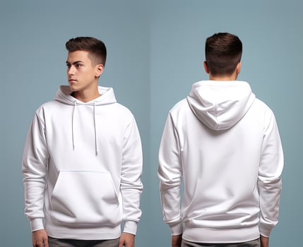 Front and back view of a white hoodie mockup for design print. ai generated photo