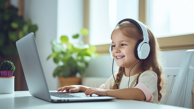 Happy Child E-Learning at Home, Laptop and Headphones for Remote School Work - Youth Development and E-Learning - AI Generative photo