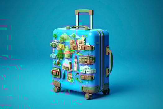Blue suitcase full of landmarks and travel accessories on blue background. Generative AI photo