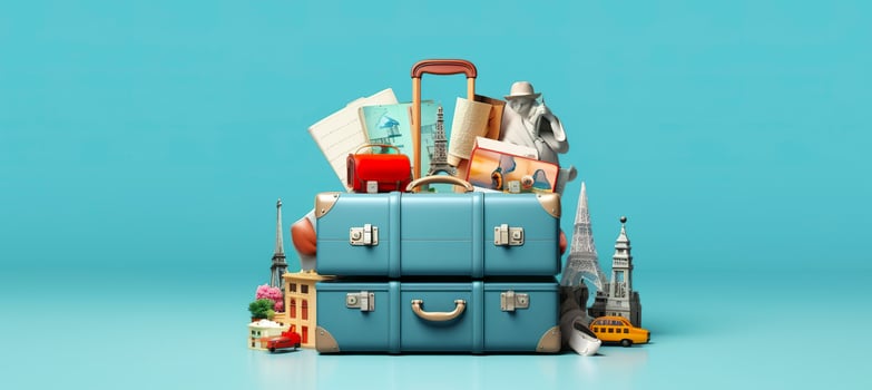Blue suitcase full of landmarks and travel accessories on blue background. Generative AI photo