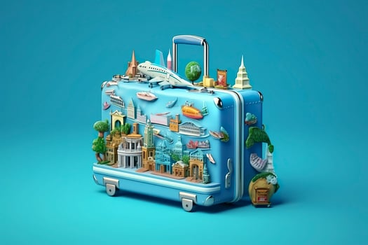 Blue suitcase full of landmarks and travel accessories on blue background. Generative AI photo