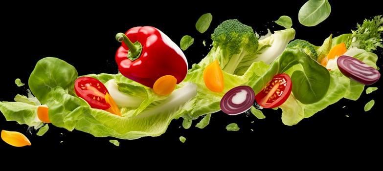 Falling vegetables, salad of bell pepper, tomato, and lettuce leaves. Generative AI photo
