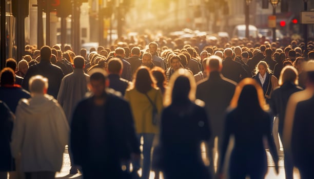 Crowd of people walking busy city street backlit. Generative AI photo