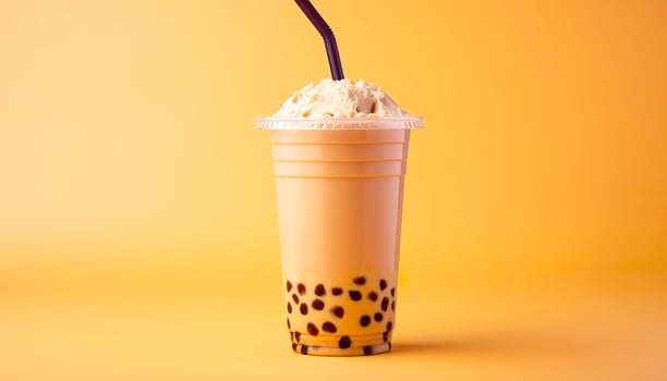 A bubble tea in a plastic cup. Generative AI photo