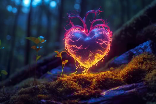 Glowing bioluminescent plant shaped like a human heart, in a mysterious forest. Generative AI photo