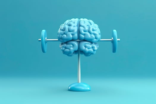Human brain lifting weights. 3D brain lifting a heavy dumbbell. Mind training, memory health, Alzheimer's prevention, brain training, education, study and menthal health concept. AI generated photo