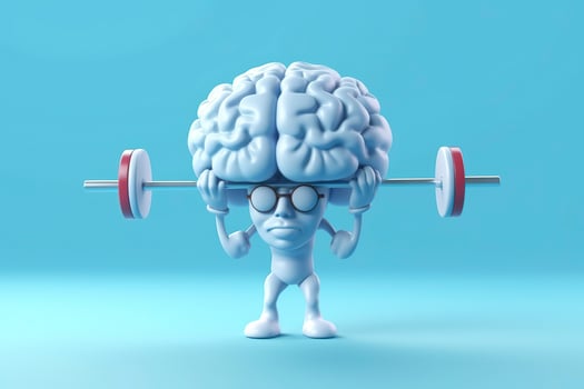 Human brain lifting weights. 3D brain lifting a heavy dumbbell. Mind training, memory health, Alzheimer's prevention, brain training, education, study and menthal health concept. AI generated photo