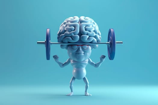 Human brain lifting weights. 3D brain lifting a heavy dumbbell. Mind training, memory health, Alzheimer's prevention, brain training, education, study and menthal health concept. AI generated photo