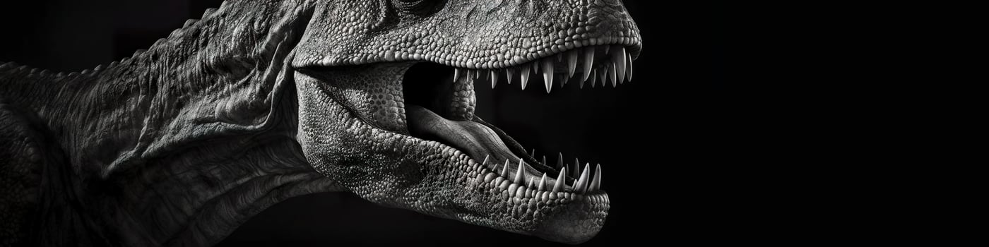 Black and white photorealistic studio portrait of a Tyrannosaurus Rex on black background. Generative AI photo