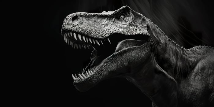 Black and white photorealistic studio portrait of a Tyrannosaurus Rex on black background. Generative AI photo