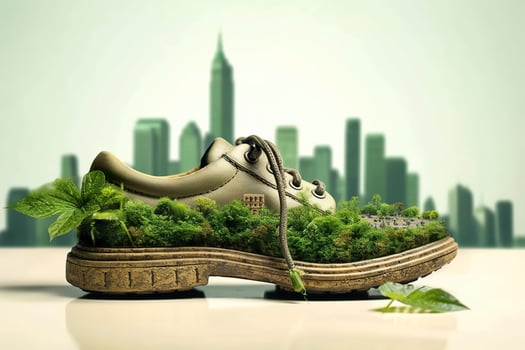 A photo was taken shoe with greenery and city , Carbon Footprint concept. AI Generative