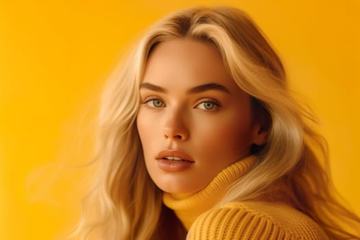 Beautiful Blonde Model Isolated On Yellow Background AI Generative photo