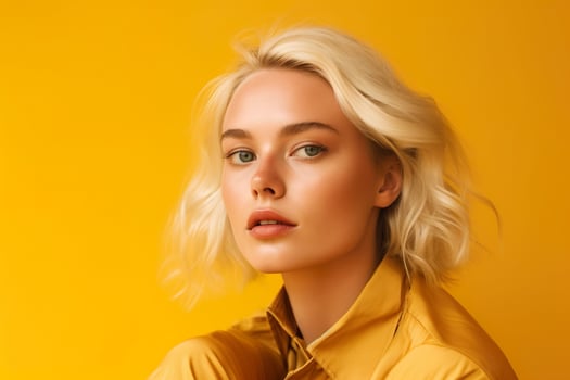 Beautiful Blonde Model Isolated On Yellow Background AI Generative photo