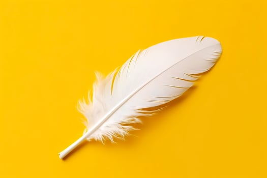 Close up of bright white feather. Copy space, yellow background. Fashion and Party concept. AI Generative photo