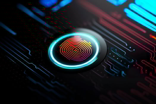 Fingerprint Authentication Button. Biometric Security. Identification and cyber security concept. Glowing neon fingerprint on dark background. AI Generative photo