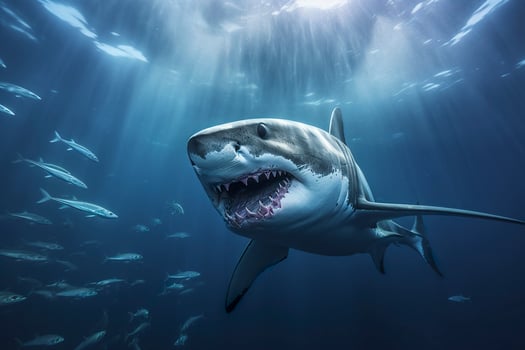 The King of the Ocean, The Great White male shark Hunter underwater view, Guadalupe island, Mexico. AI Generative photo