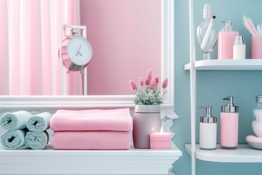 A pastel bathroom shelf with pink skincare products, copy space, banner, pink and pastel blue bright palette, barbiecore. AI Generative photo
