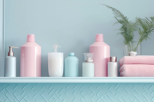 A pastel bathroom shelf with pink skincare products, copy space, banner, pink and pastel blue bright palette, barbiecore. AI Generative photo