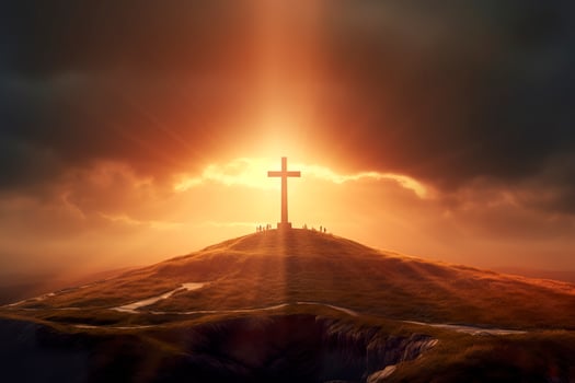 The cross of God in the rays of the sun. Cross on the hill. Religious concept. AI Generative photo